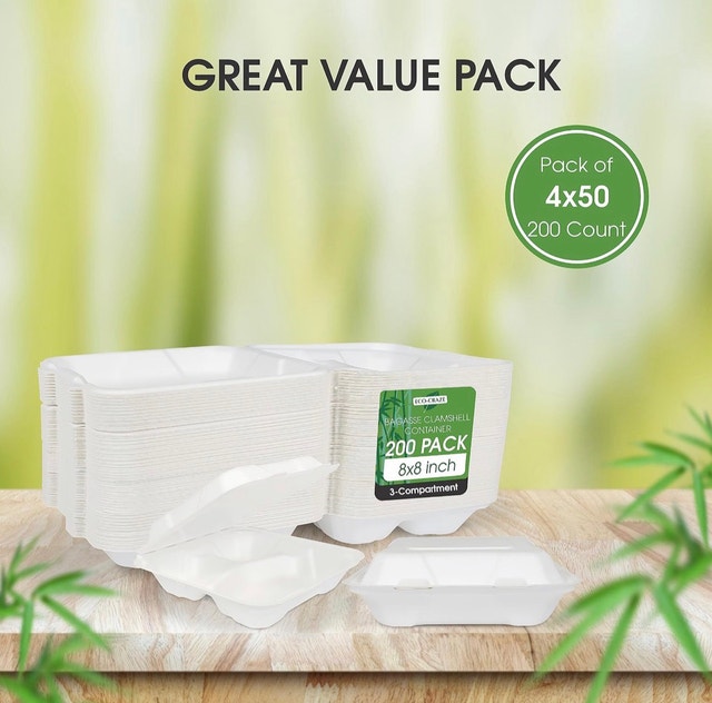 New Eco-Craze Bagasse 3 Compartment Clamshell Food Containers - photo 5