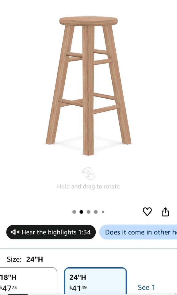 Solid Wood Bar Stool 24 inch - Unfinished Natural Wood, New - photo 3