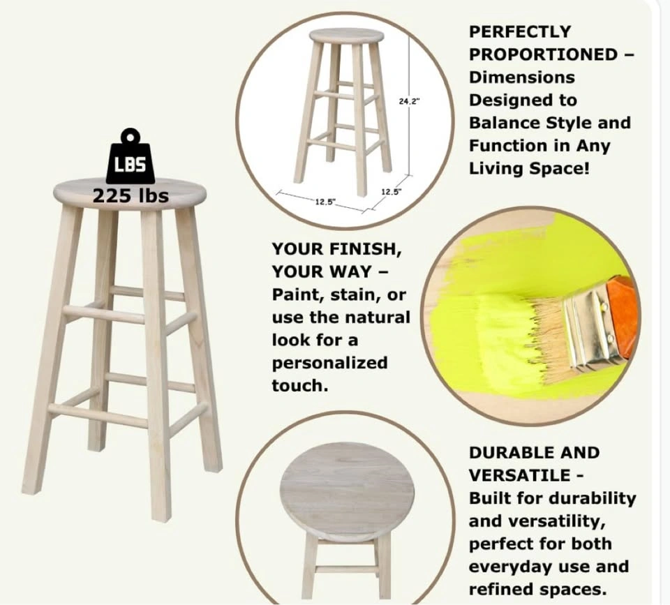 Solid Wood Bar Stool 24 inch - Unfinished Natural Wood, New - photo 4