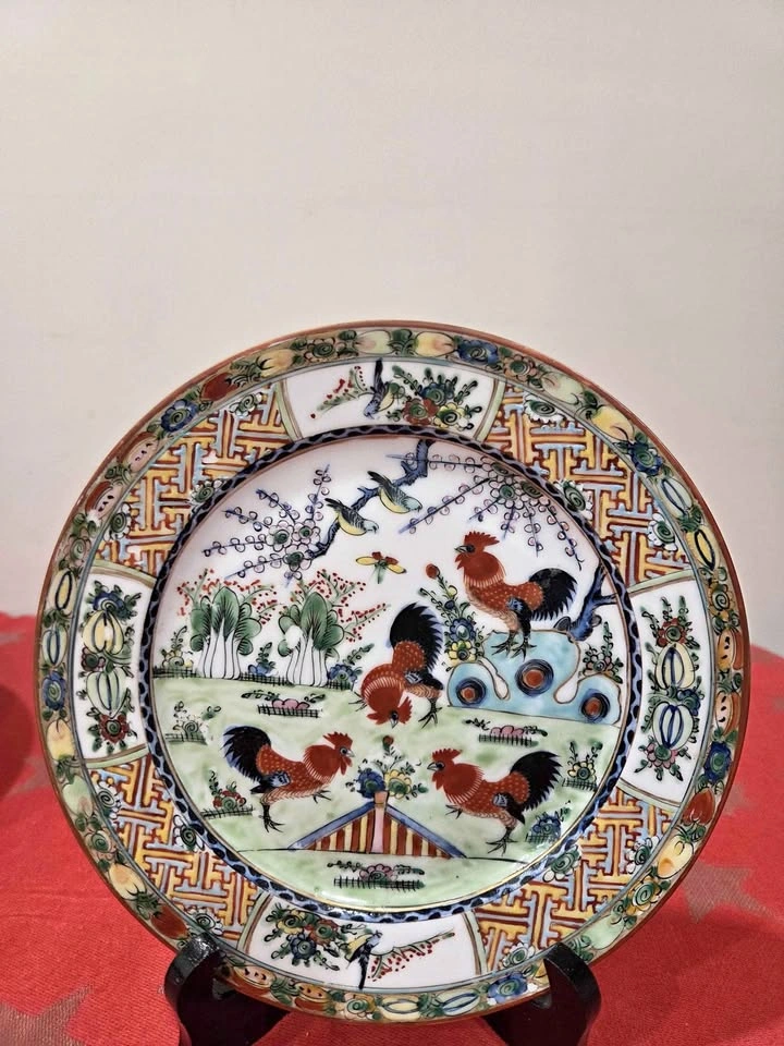Vintage Chinese Famille Rose Hand Painted Enamel Rooster Plate