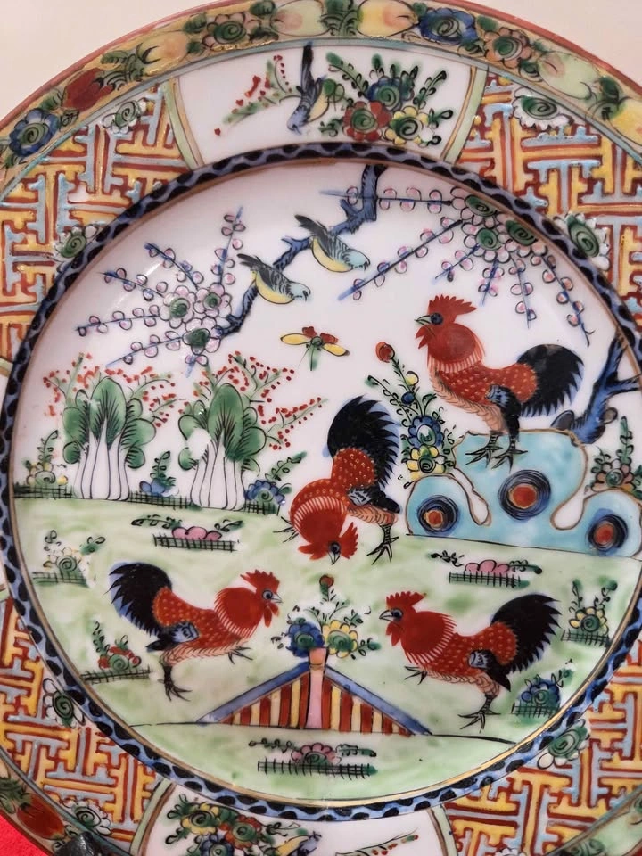 Vintage Chinese Famille Rose Hand Painted Enamel Rooster Plate - photo 2