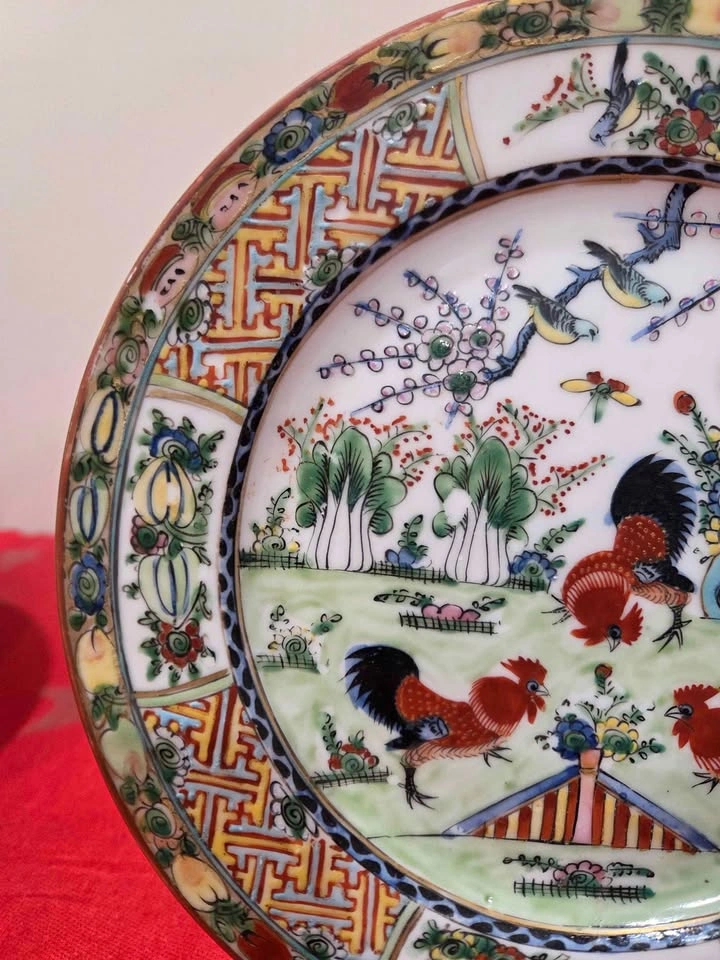 Vintage Chinese Famille Rose Hand Painted Enamel Rooster Plate - photo 3