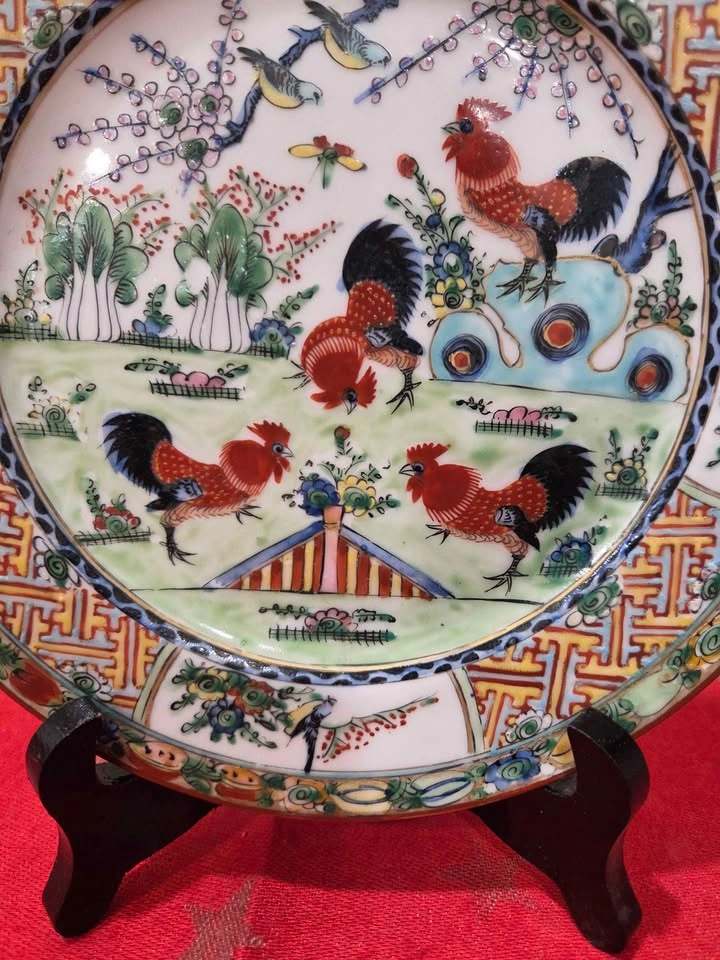 Vintage Chinese Famille Rose Hand Painted Enamel Rooster Plate - photo 5