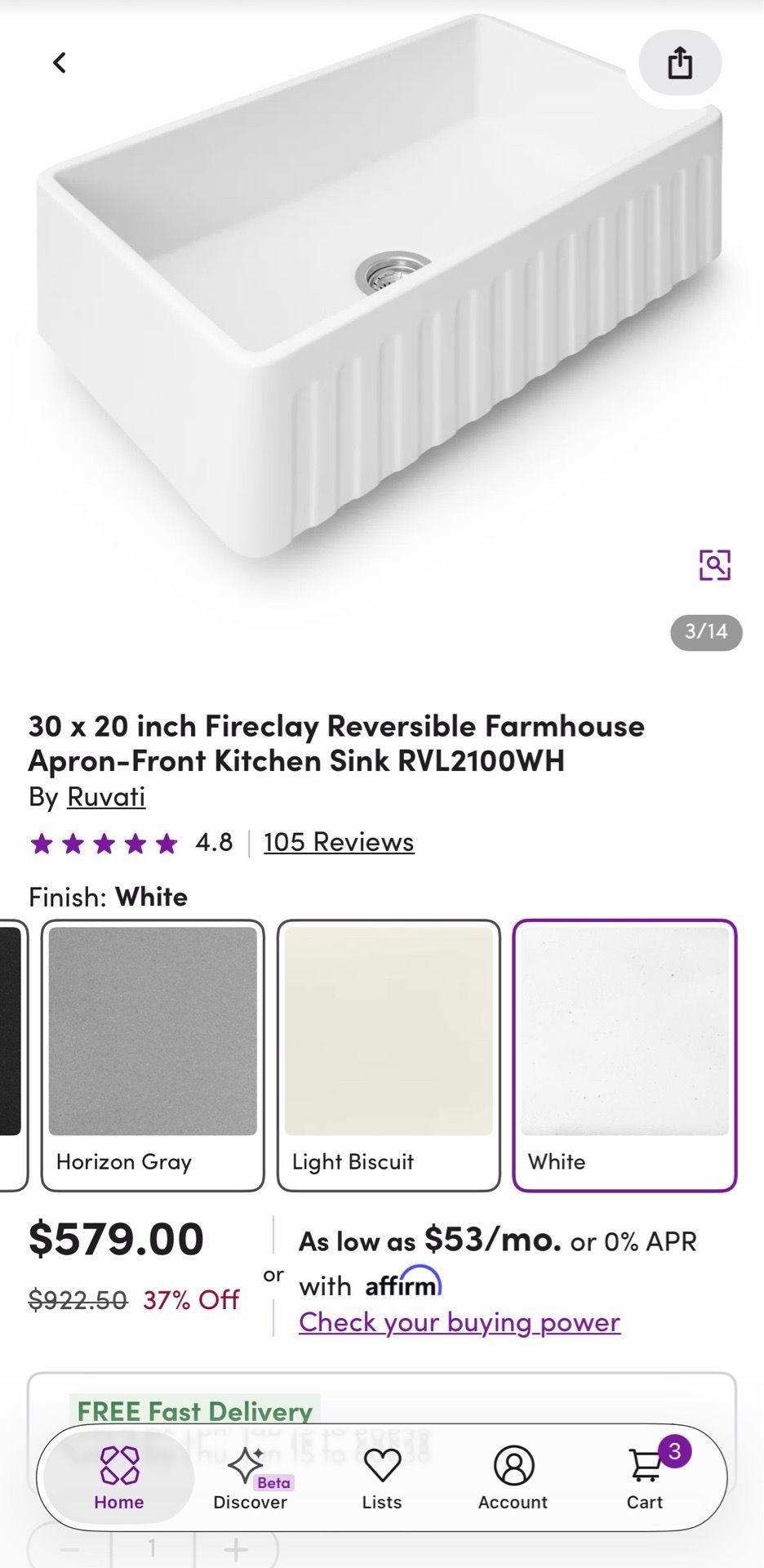 30 x 20 inch Fireclay Reversible Farmhouse Apron-Front Sink