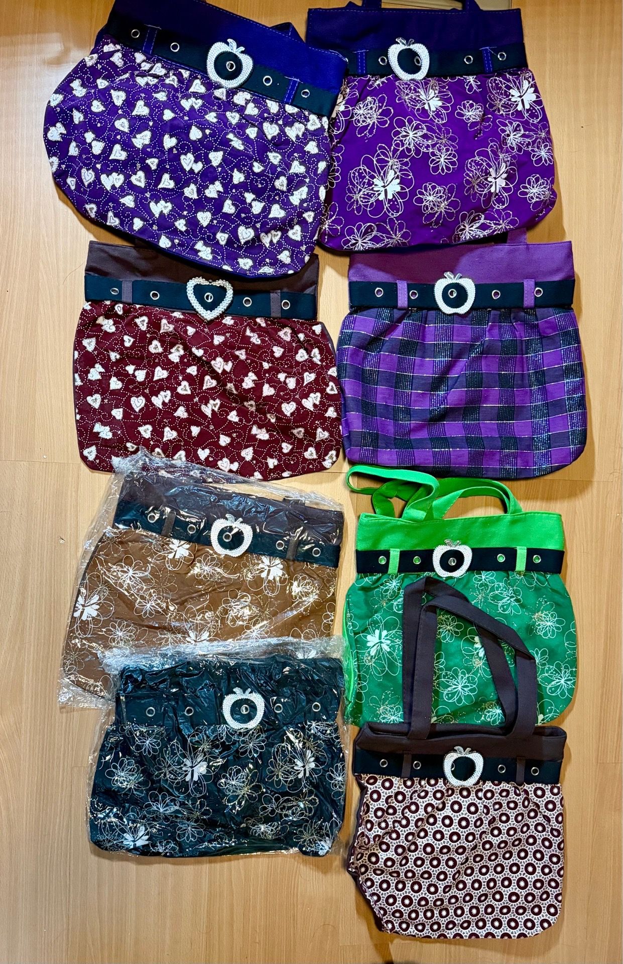 Lot of 8 Assorted Pattern Handbags with Apple Embellishments