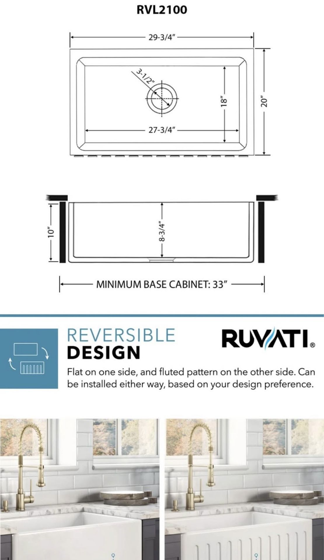 30 x 20 inch Fireclay Reversible Farmhouse Apron-Front Sink - photo 5