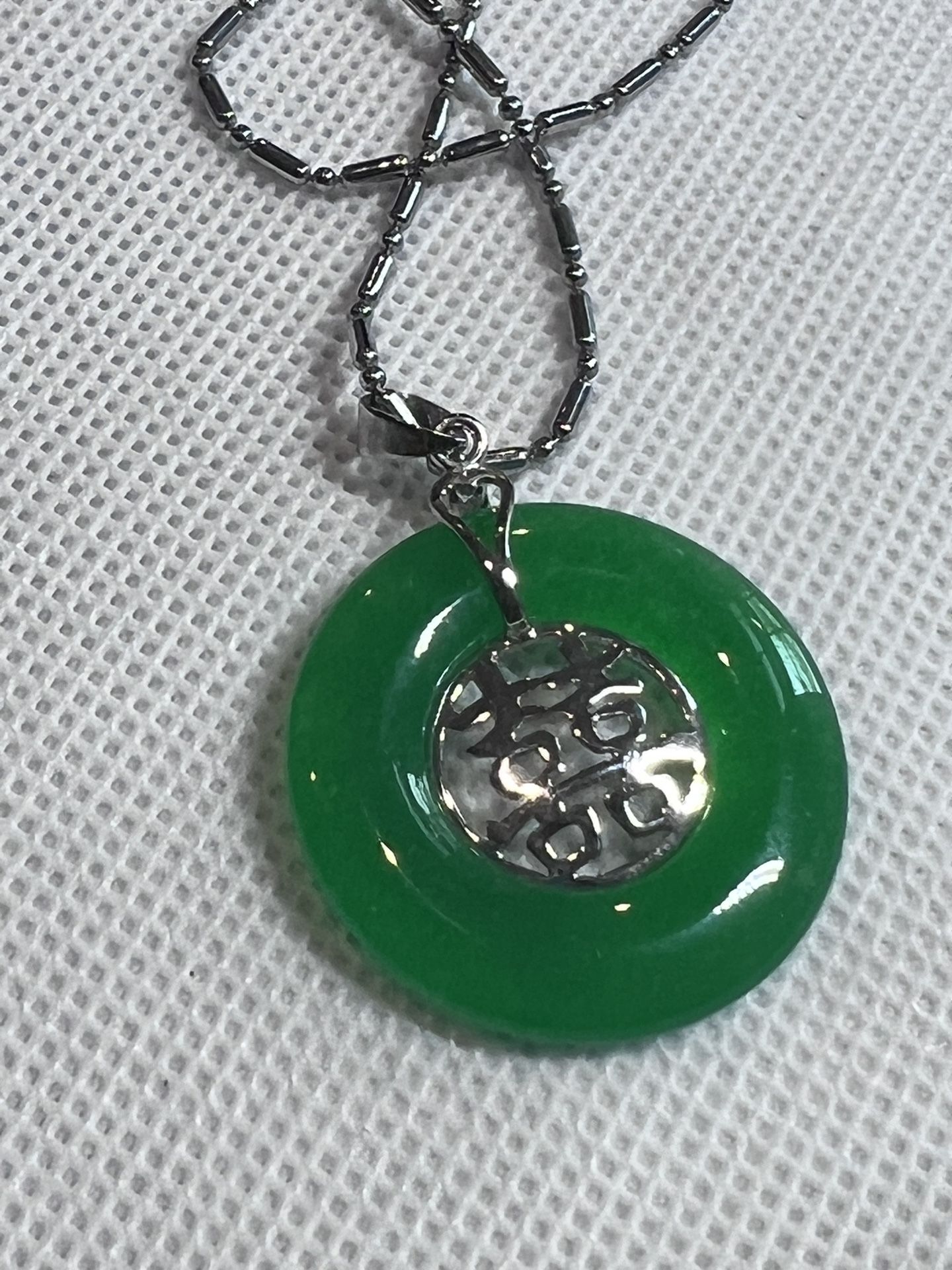 Genuine Green Jade 18KGP Fortune Letter Round Pendant Necklace