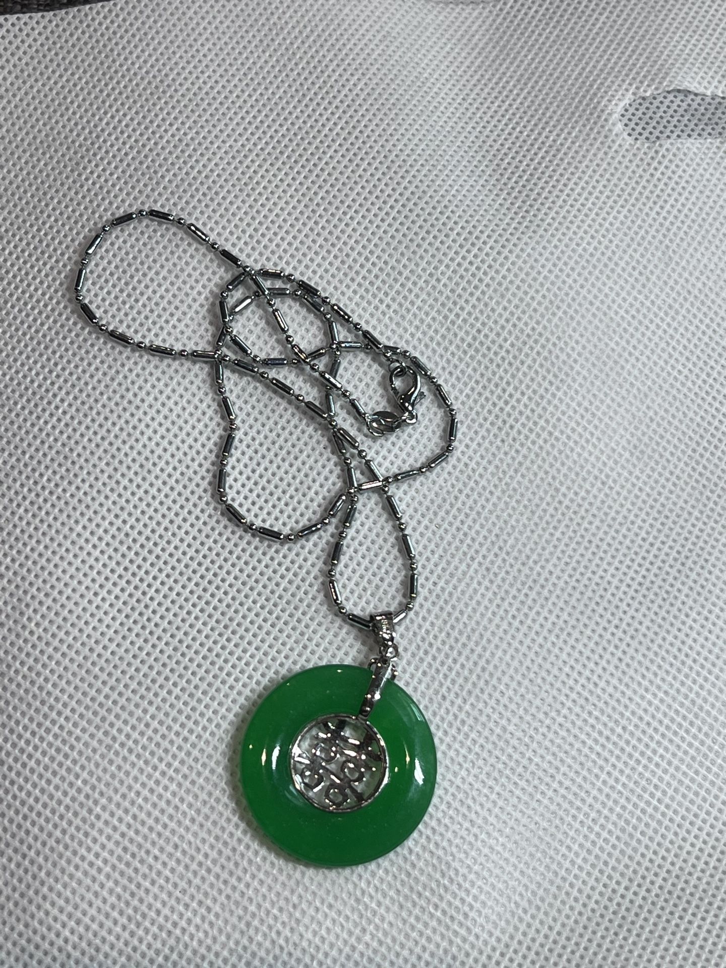 Genuine Green Jade 18KGP Fortune Letter Round Pendant Necklace - photo 2
