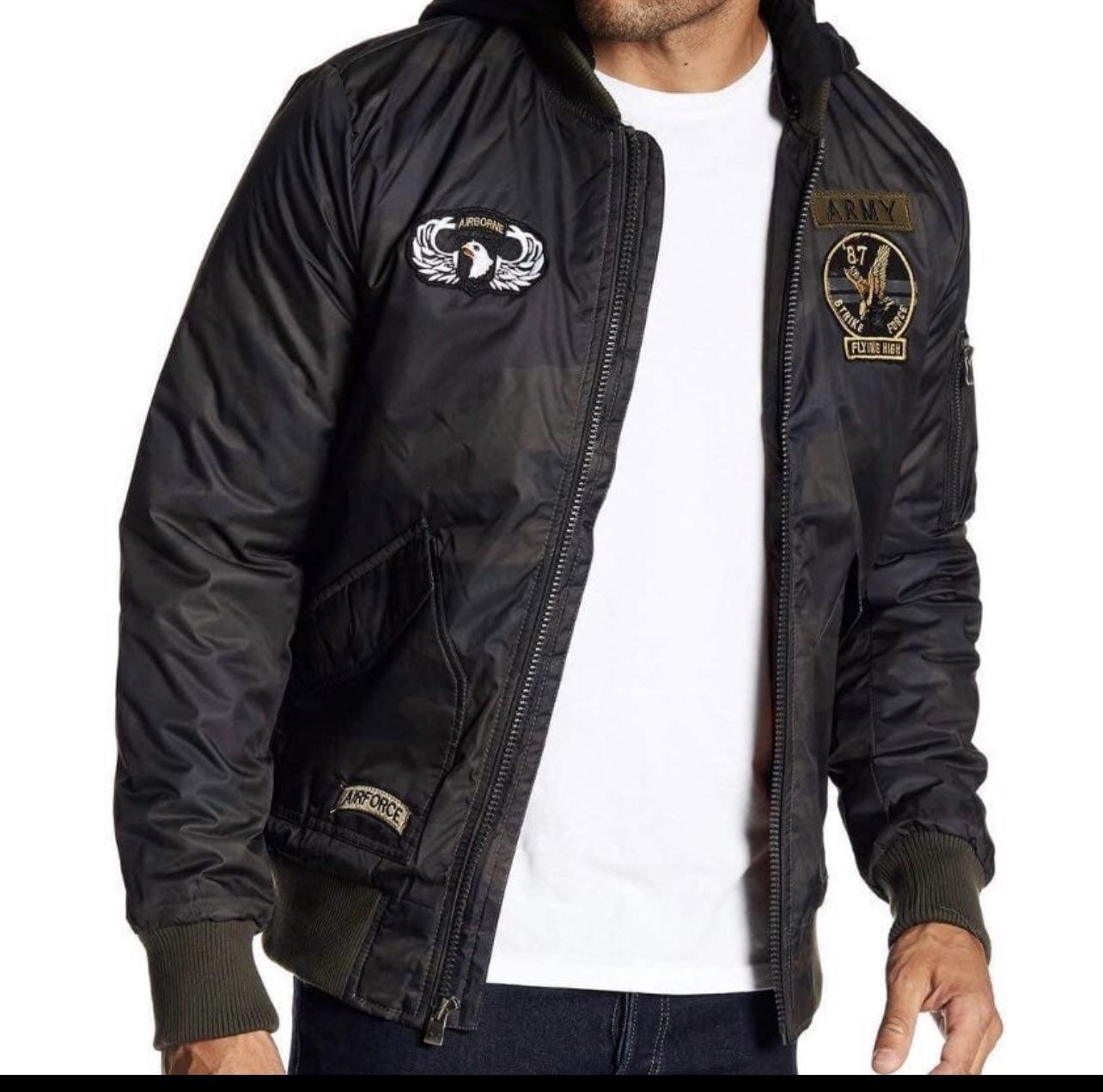 Flight patch hooded jacket olive camo - Sizes M, L, XL