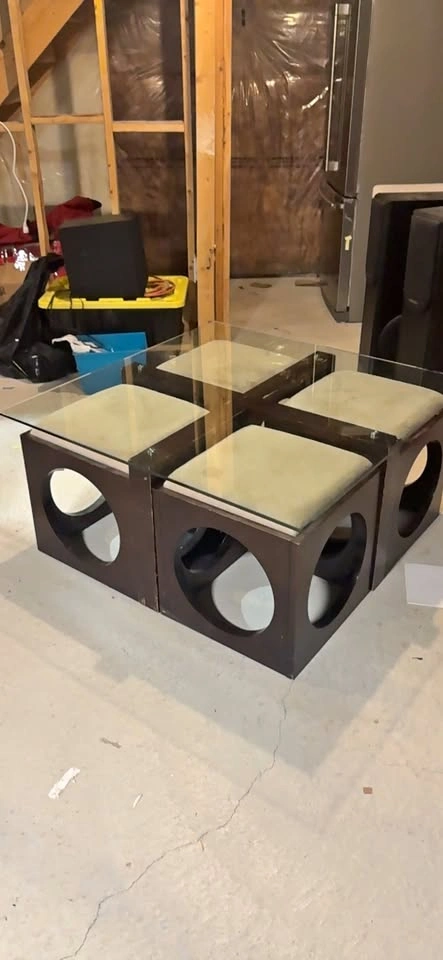 Glass Top Coffee Table with Dark Brown Ottomans