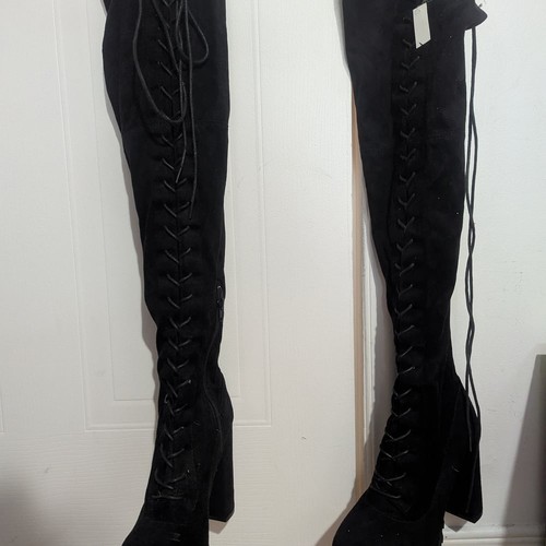 Black Over-the-Knee Lace-Up Heeled Boots
