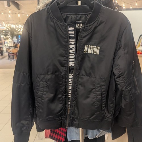 Black Bomber Jacket with 'Au Revoir' Print - photo 2