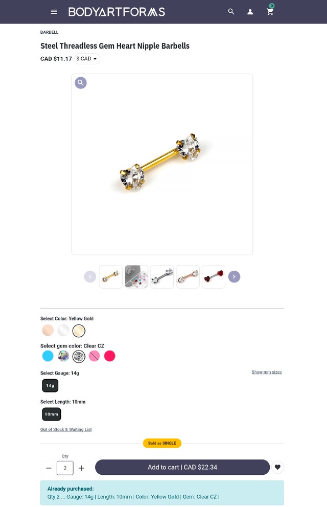 Steel Threadless Gem Heart Nipple Barbells - photo 2