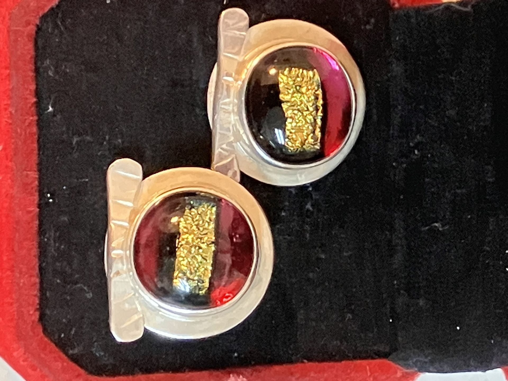 Sterling Glass Cabochon And Imbedded Gold Foil Earrings