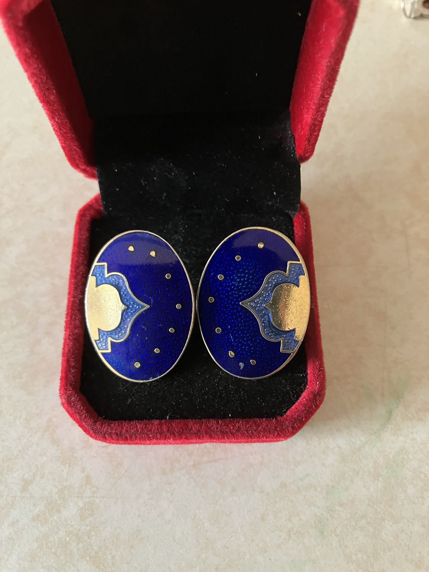 Fun Brass And Blue Enamel Pierced Earrings 1.5” Long