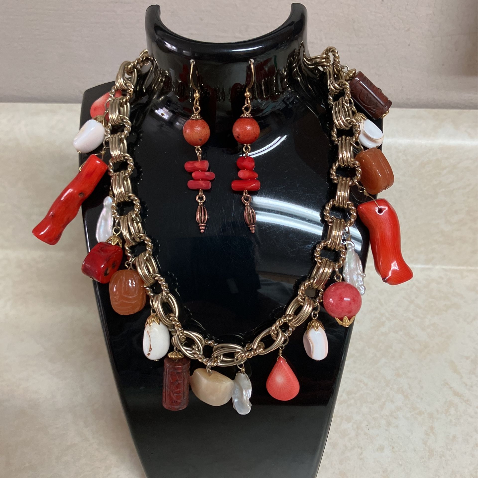 Showstopper Costume Coral, Stone And Shell Necklace And Earring