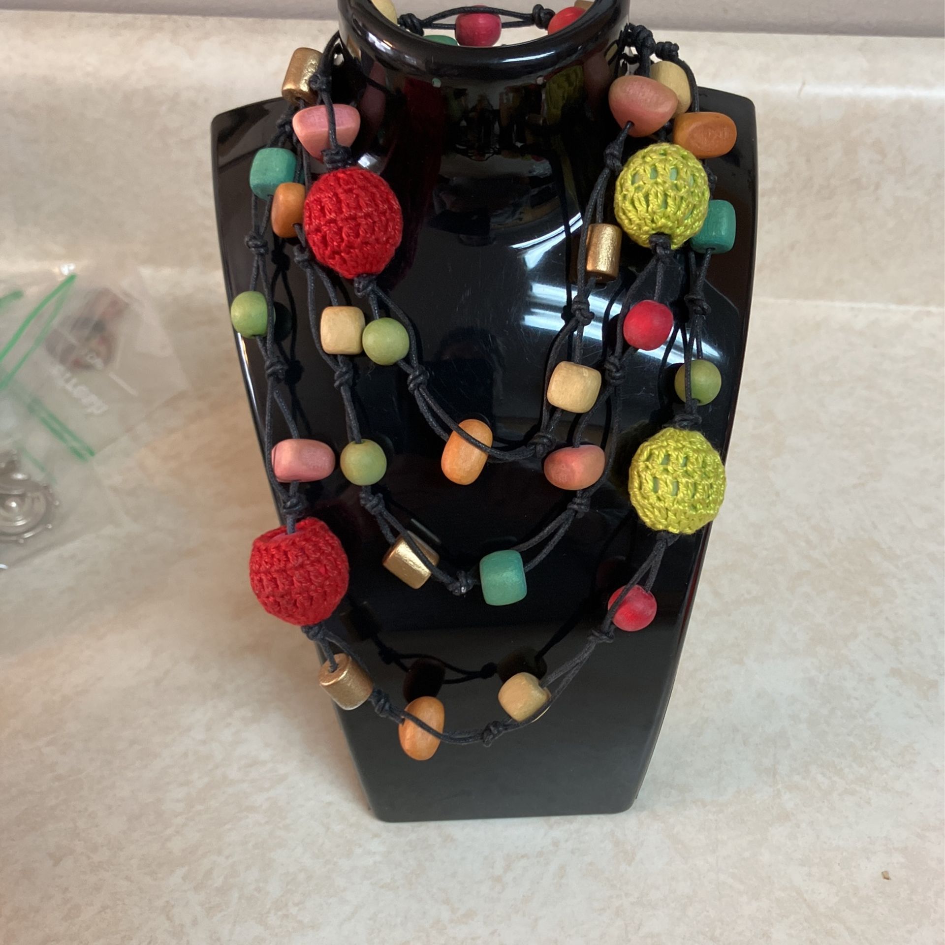 Handmade Crochet Ball And Wood Bead Necklace 21” Long