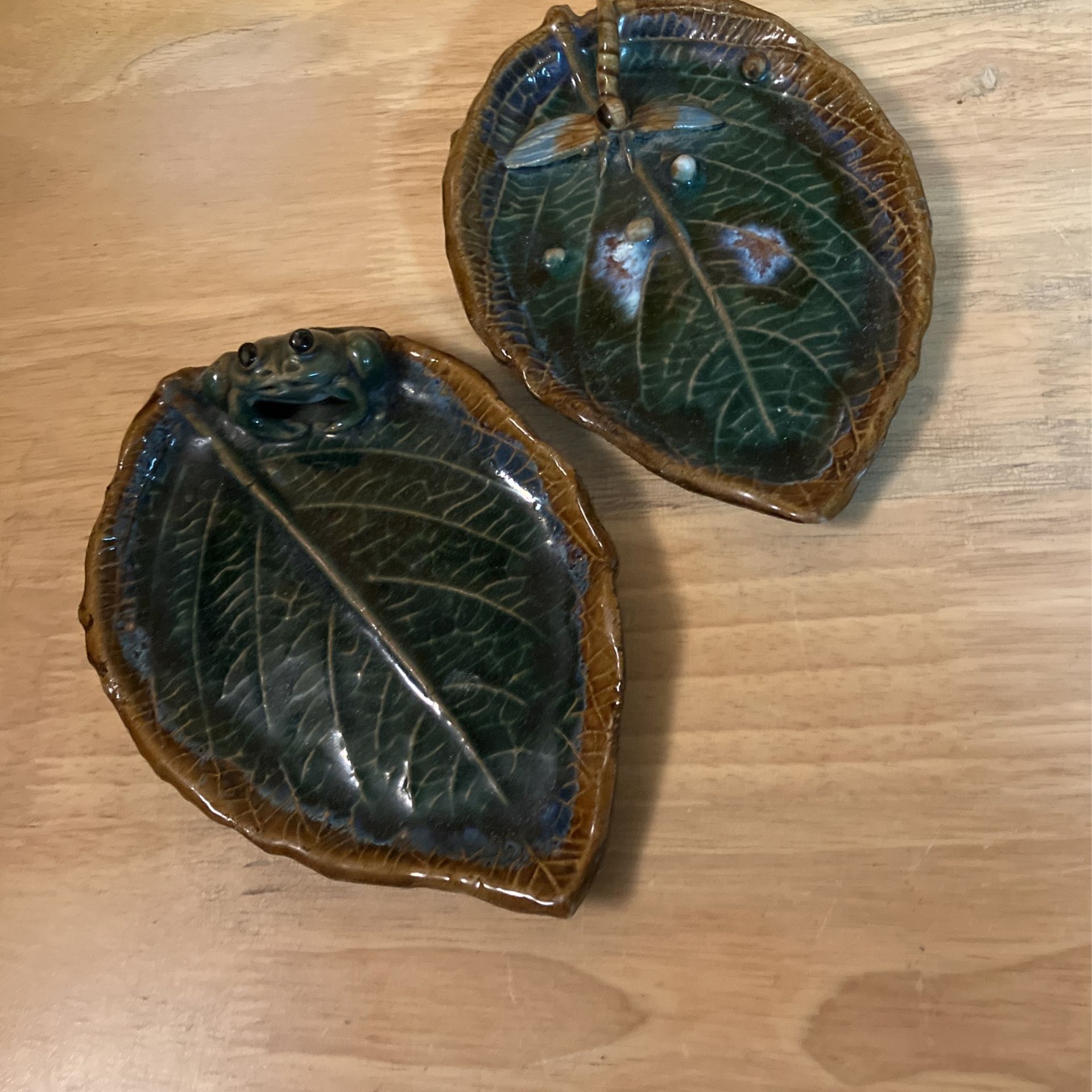 Vintage Hand Made Leaf And Frog/Dragonfly Catch All Trays