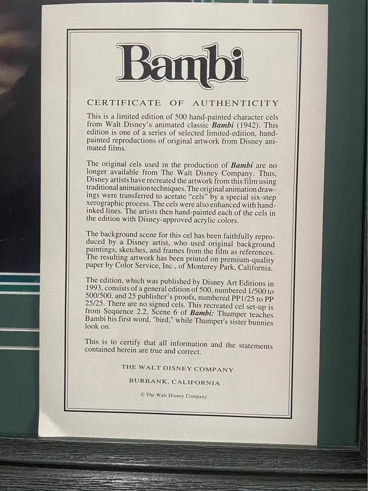 1993 DISNEY BAMBI CEL "SAY BIRD" FRAMED PRINT *RARE* W/COA image indicator(2)