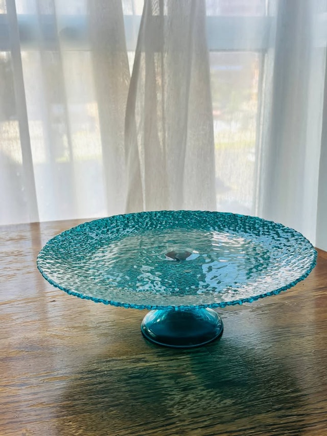 Blue Textured Glass Pedestal Fruit Bowl