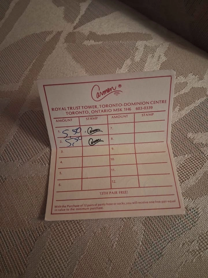 Vintage Toronto Ephemera 1993 Carmen Boutique Loyalty stamp Card - photo 2