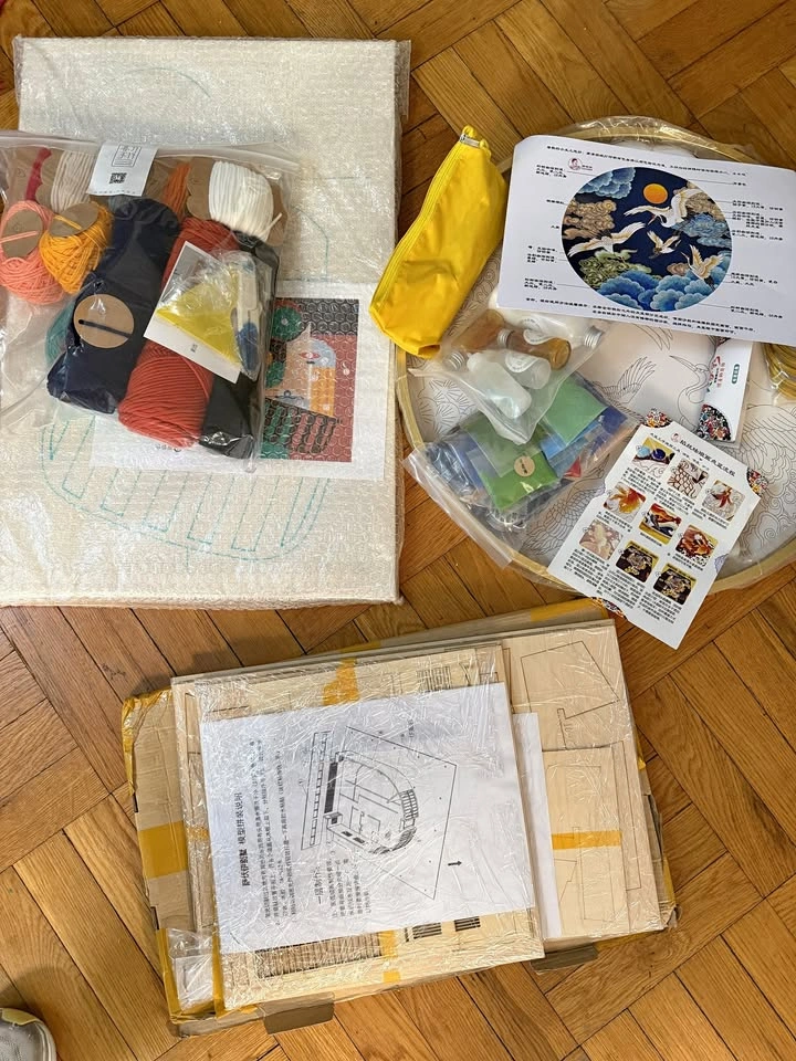 Three DIY craft kits: Yarn kit, Enamel Painting kit and 3d woode