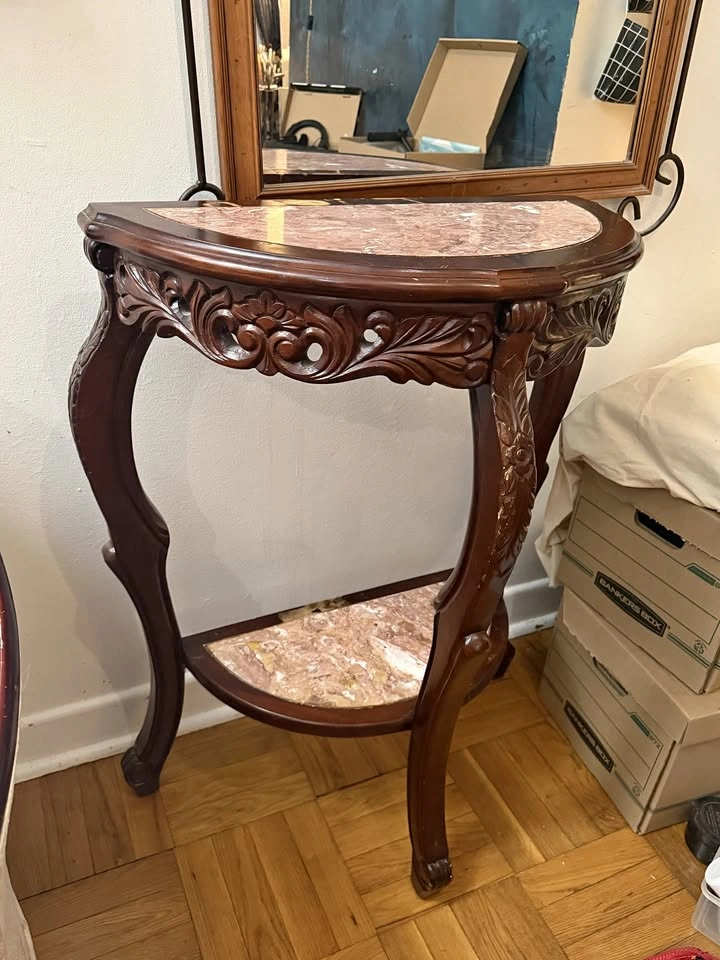 Vintage half-moon wood and marble console table
