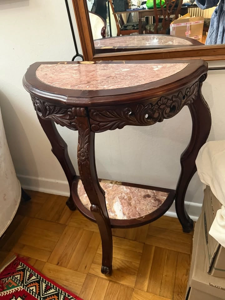 Vintage half-moon wood and marble console table - photo 2