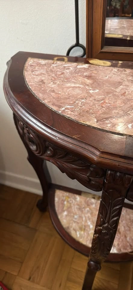 Vintage half-moon wood and marble console table - photo 3