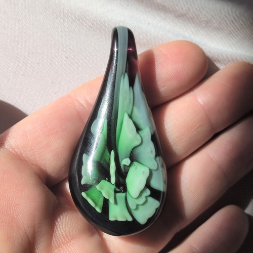 Kiwi Tear Drop Black & Green Swirl Glass Pendant Charm - photo 5