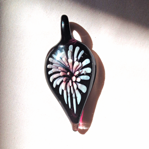 Black Glass Teardrop Charm Pendant, White & Pink Swirl
