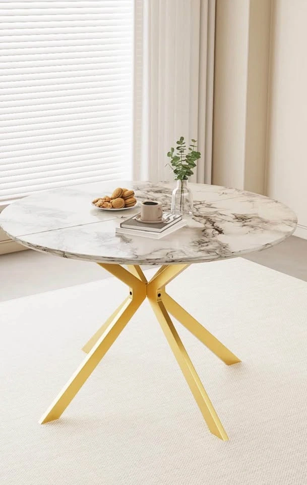 Round Faux Marble Dining Table – Gold Pedestal Base, 46.5"