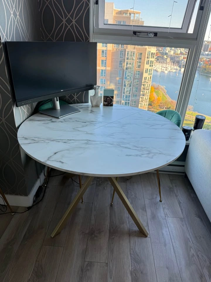 Round Faux Marble Dining Table – Gold Pedestal Base, 46.5" - photo 2
