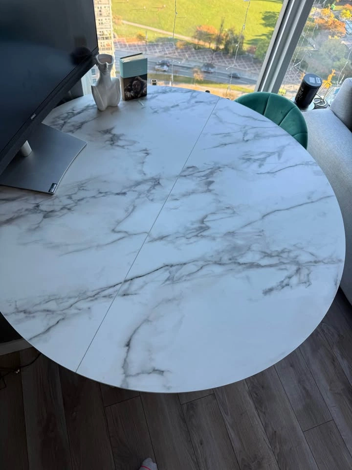 Round Faux Marble Dining Table – Gold Pedestal Base, 46.5" - photo 3