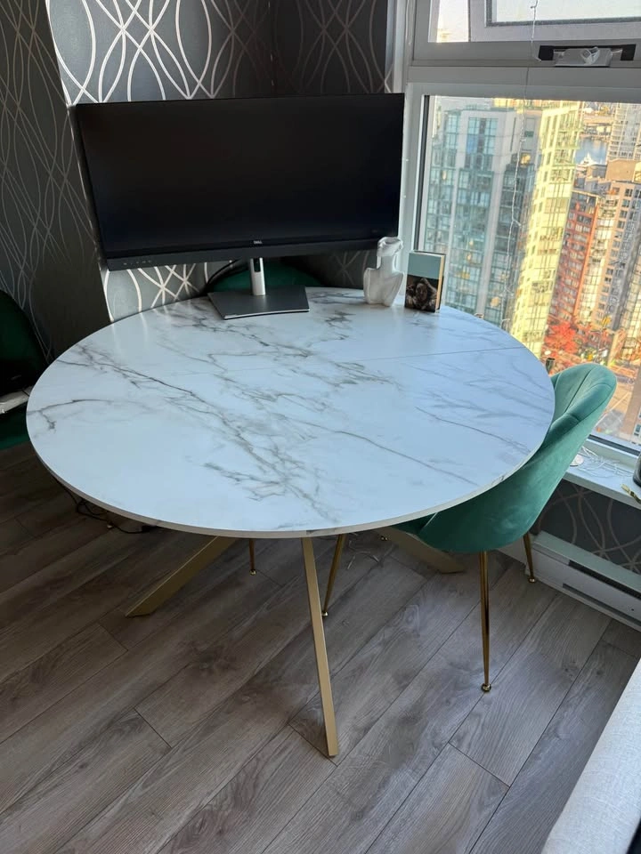 Round Faux Marble Dining Table – Gold Pedestal Base, 46.5" - photo 4