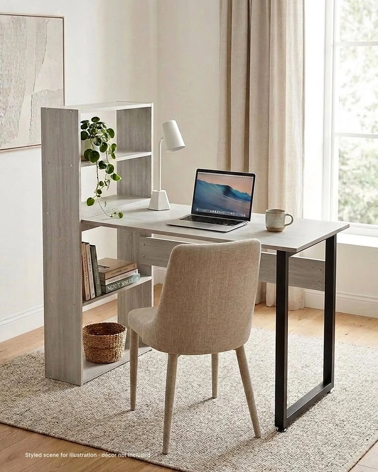 New in Box – Grey Oak Computer Desk with 4-Tier Bookshelf