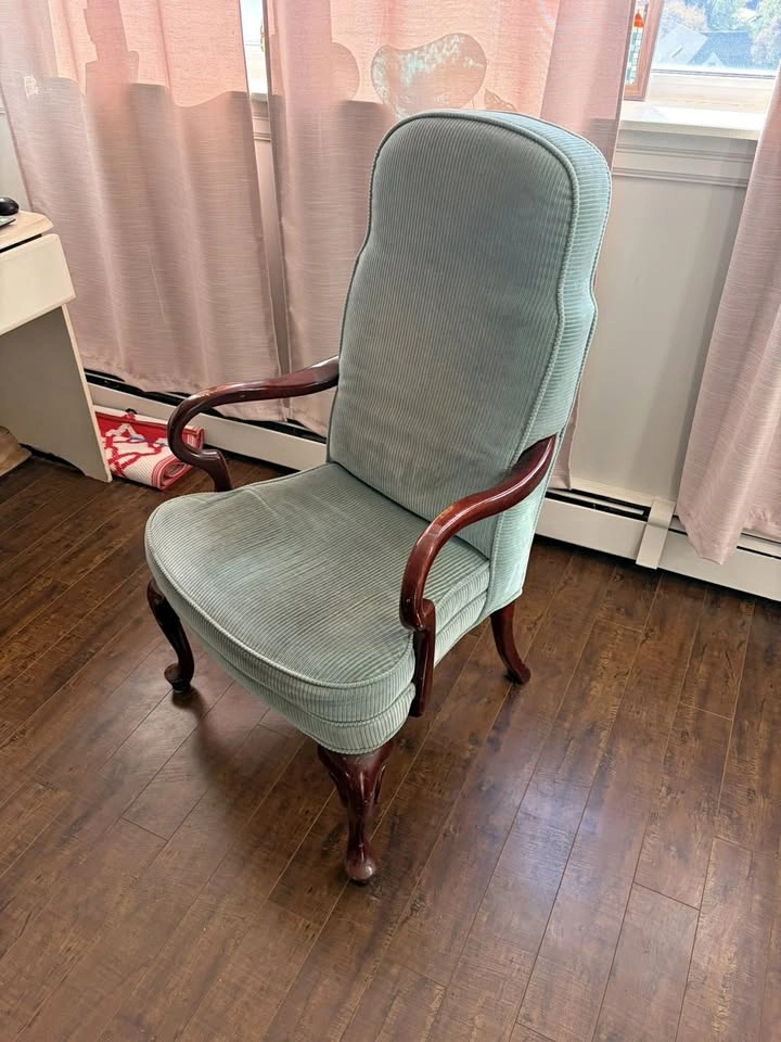 Light Green Upholstered Armchair with Wood Arms