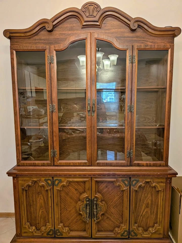 Vintage Lighted Wood China Cabinet Hutch