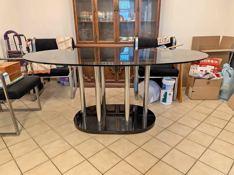 Smoked Glass Dining Table with Chrome Pedestal Base
