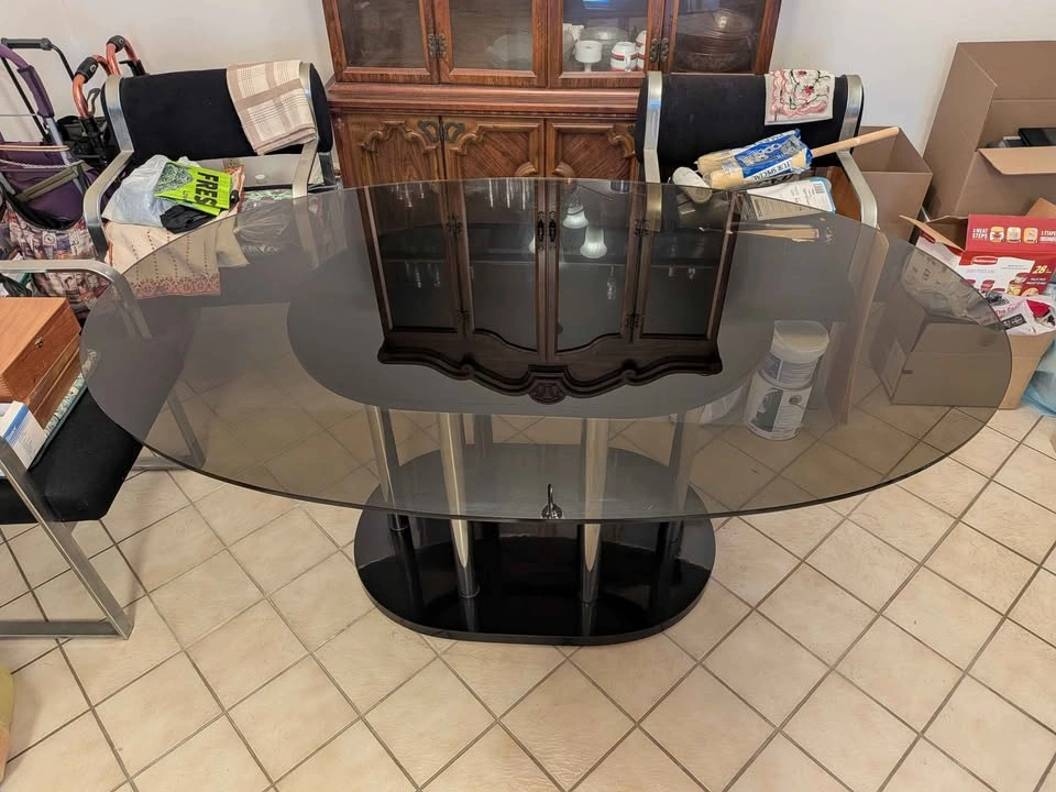 Smoked Glass Dining Table with Chrome Pedestal Base - photo 2