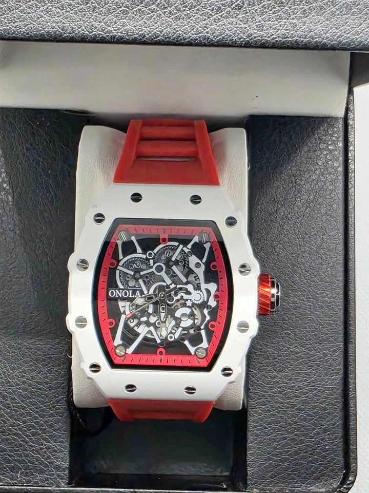 Onola Tonneau Skeleton Watch, Silicone Strap, New in Box