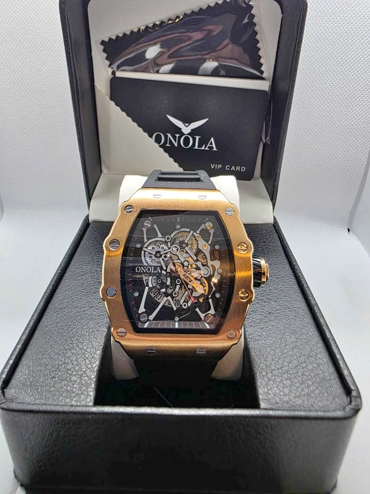Onola Rose Gold & Black Tonneau Skeleton Watch, New in Box
