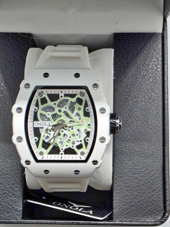 Onola Tonneau Skeleton Watch, Silicone Strap, New in Box