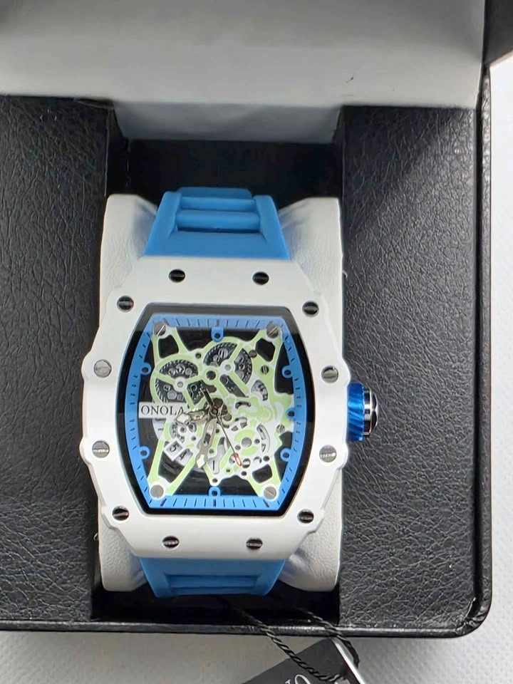 Onola Tonneau Skeleton Watch, Silicone Strap, New in Box