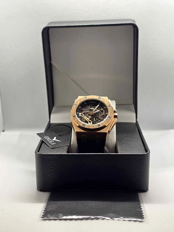 Onola Automatic Skeleton Watch – Rose Gold, Black Rubber Strap