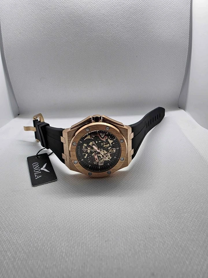 Onola Automatic Skeleton Watch – Rose Gold, Black Rubber Strap