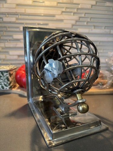 Vintage Chrome Sphere Wire Cage Globe Bookend Sculptural Metal
