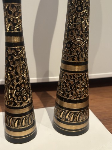 Vintage Indian Hand-etched Black & Gold Brass Vases - Pair - photo 5