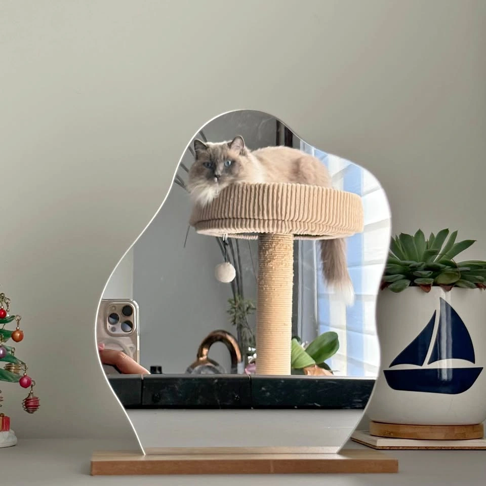 Wavy Irregular Mirror with Wooden Stand