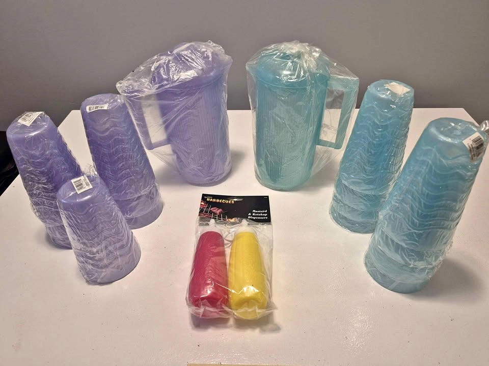 Plastic Pitcher, Cup, and Condiment Dispenser Set
